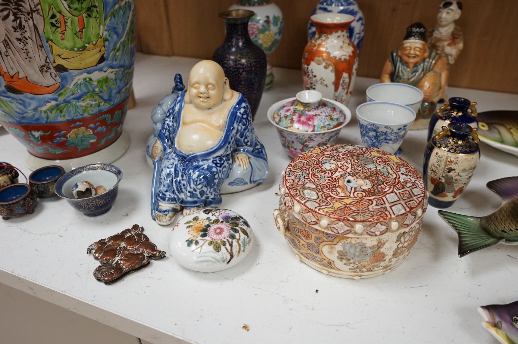 A collection of mostly Chinese and Japanese ceramics to include famille rose, satsuma, kutani etc. tallest 45cm